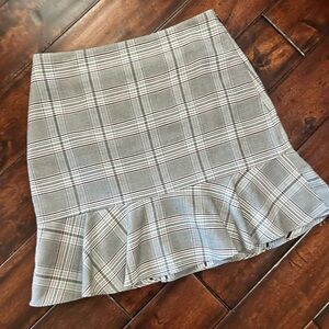 LOFT Gray, Pink, Black and White Plaid Ruffle-Hem Mini Skirt